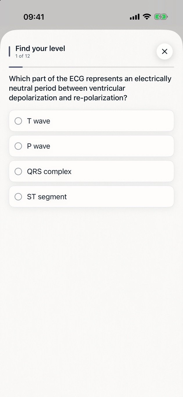The ECG Pro placement test, showing question 1 of 12 with four answer options