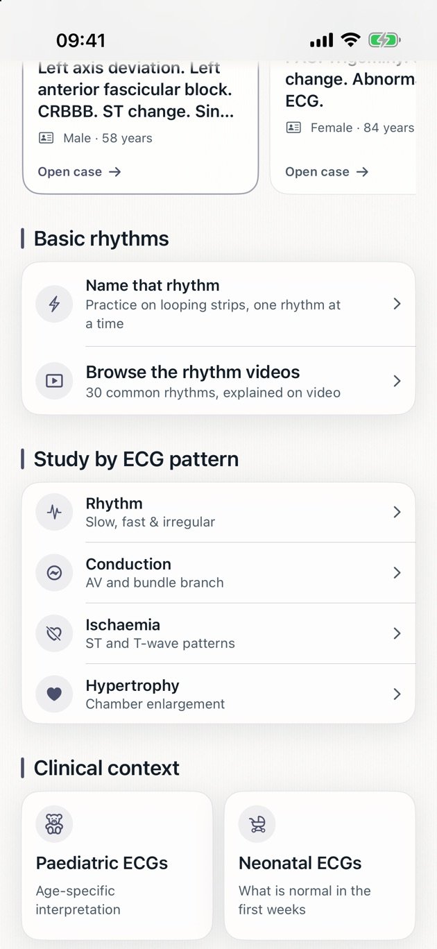 ECG Pro study routes: basic rhythms, study by ECG pattern, and clinical context